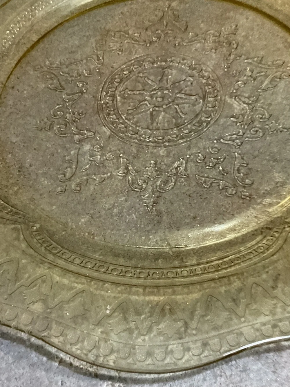 Rare yellow depression glass dinner plate.- Elegant Table Accent